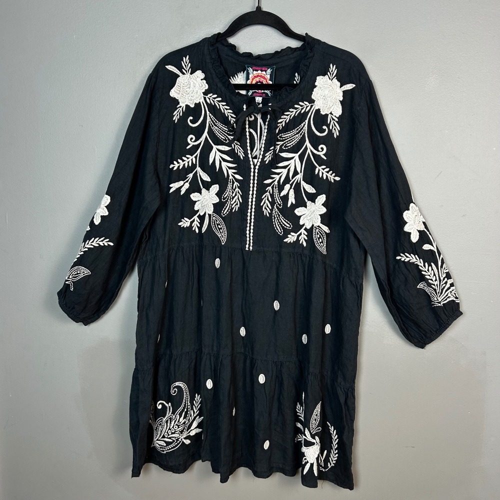 Johnny Was Linen Dress Large Lagenlook Bird Floral Tiered NWT Nature Earthy - Picture 7 of 12
